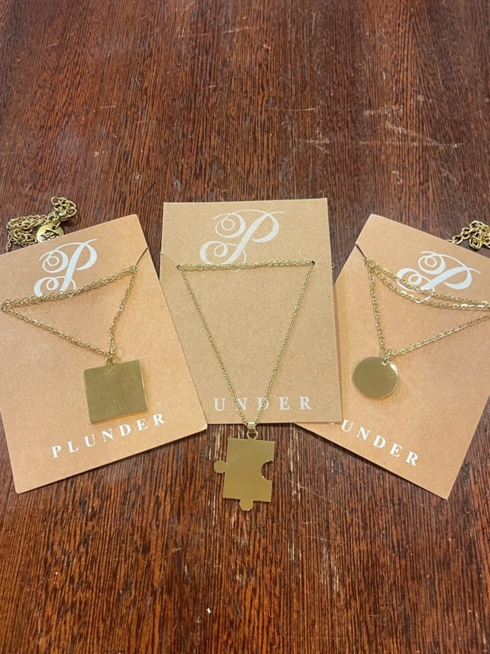 Plunder Gold-Tone Pendant Necklace Set. Lot of 3 Puzzle Square Round. 18+3” NWOT - Picture 2 of 7